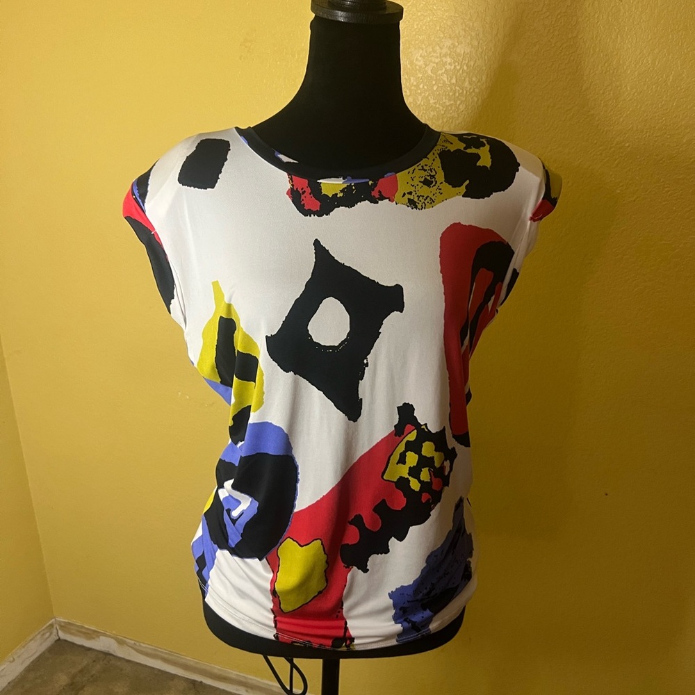 RACHEL Rachel Roy White Cap Sleeve Top with Multicolor Abstract Print